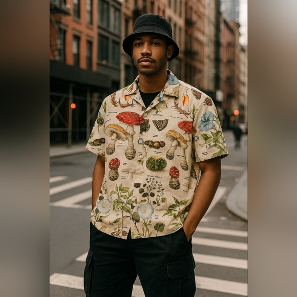 RARE Amiri Mushroom short sleeve psychedelic Button Polo Shirt 100% Silk - Picture 2 of 13